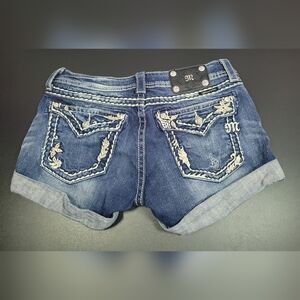 Miss Me Blue Jean Shorts with White Embroidery